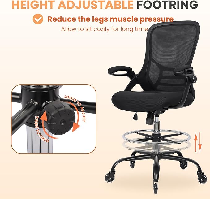 HYLONE Drafting Chair Adjustable, Tall Office Chair Lumbar Support Ergonomic Standing Desk Chair Heavy Duty Tall Drafting Stool for Artists with Footrest Home Office Drafting Stool-DeskLoop Office