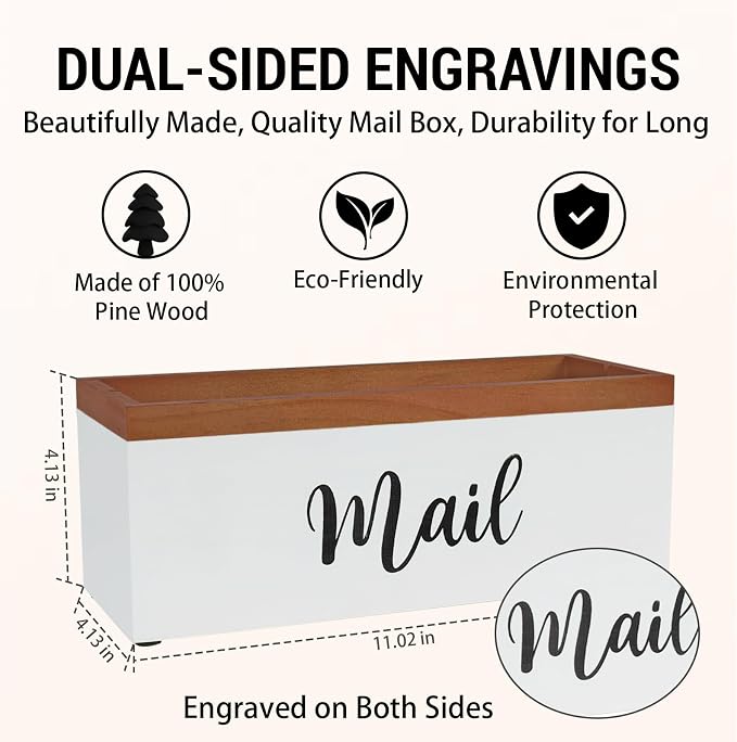 100% Real Wood Mail Organizer for Countertop, Dual-Sided Mail Script Design - Image 4