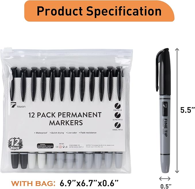 12 Black Permanent Markers with Bag - Waterproof Quick Drying Pens Set 8 Fine Tip, 2 Ultra Fine, 2 Chisel Tip Office Home School Supplies for Adults Writing Doodling Marking-DeskLoop Office