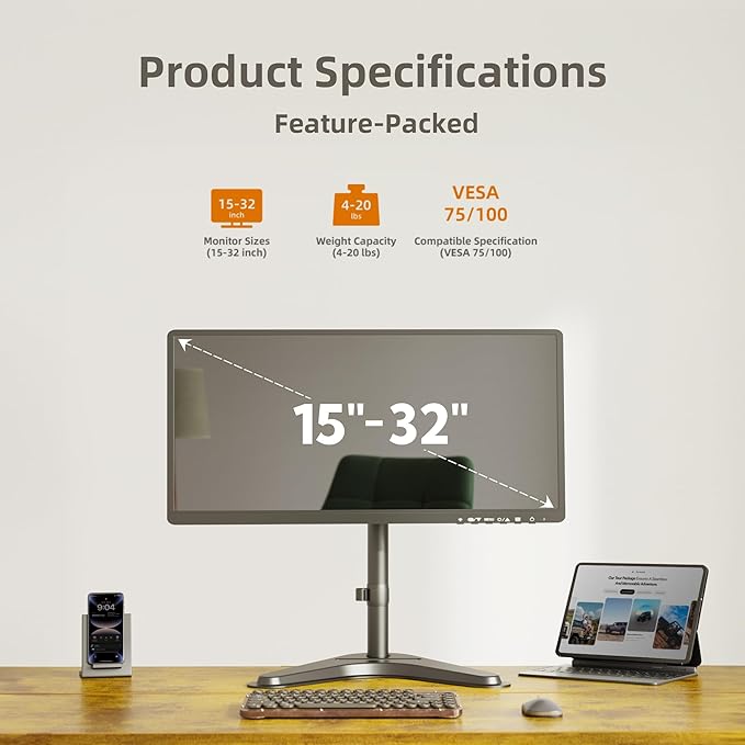 Claiks Monitor Mount, Ergonomic Adjustable Monitor Stand for Max 32 inch Screens, Adjustable Stand up to 20 lbs, VESA Mounting Holes 75&100mm, Black-DeskLoop Office
