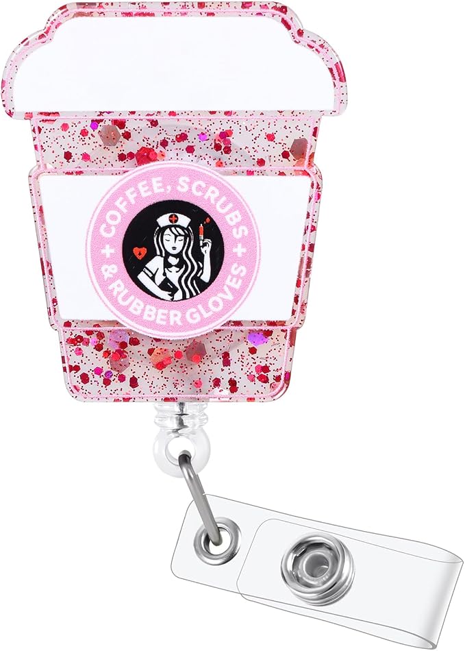 Coffee, Scrubs & Rubber Gloves Funny Badge Reel, Name Tag Work Badge Clip by BEZTN