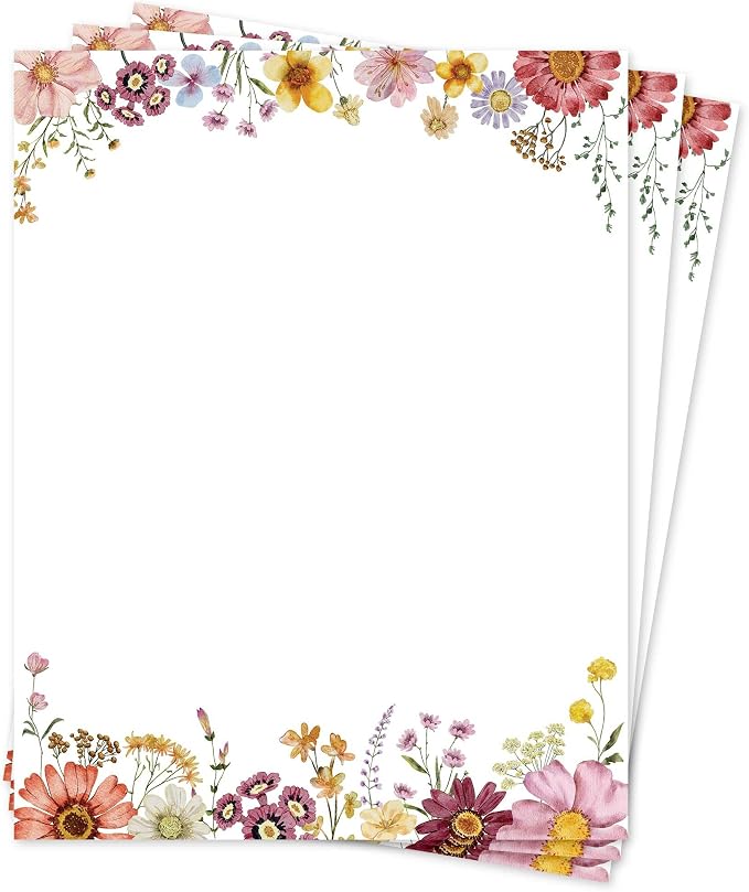Flower Paper Stationery, Floral Letterhead Paper 8.5 x 11 Inches, 50 Sheets by THiNKABLE