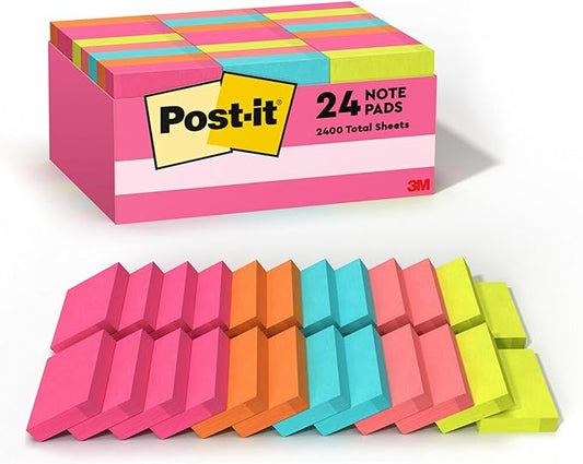 Post-it Mini Notes, 1 3/8 x 1 7/8 in, 24 Pads, America's #1 Favorite Sticky Notes, Poptimistic Post-it Notes, Post-it Notes, Power Pink, Aqua Blue, Vital Orange, Neon Green, Guava Pink-DeskLoop Office