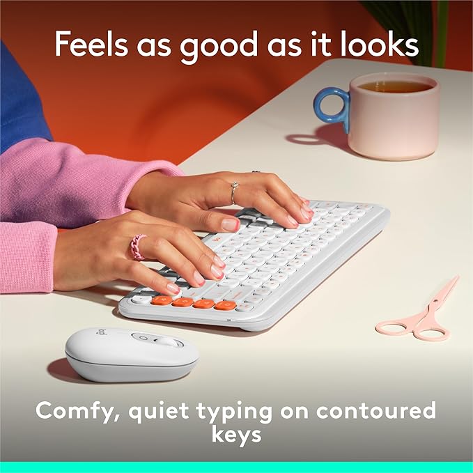 Logitech POP ICON Keys Wireless Bluetooth Keyboard, Comfortable Typing, Programmable Keys, Easy-Switch Between up to 3 Devices, for Laptop, Tablet, PC – Off White and Orange-DeskLoop Office