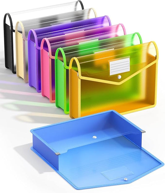 Plastic Expanding File Folder, Transparent envelopes with Snap Closure,No Dividers,Large Capacity,Assorted Colors,Bills&Taxes,Letter/A4 Size for School/Office/Home-7 Pack