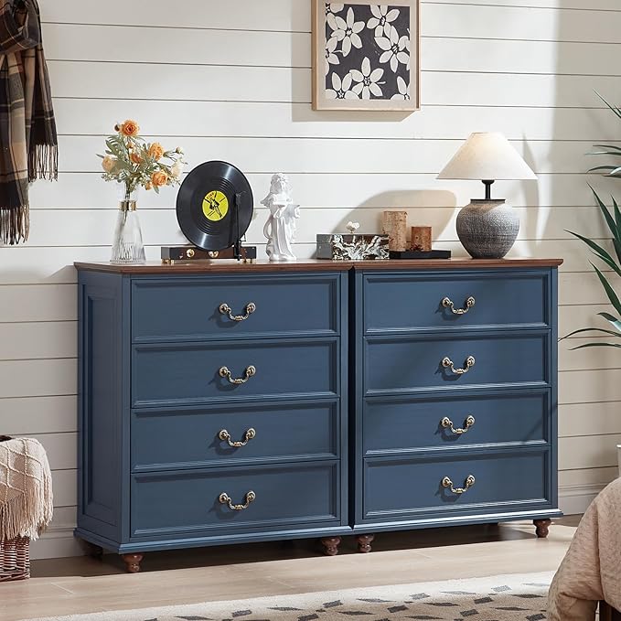 Farmhouse 4 Drawer Dresser for Bedroom, 37" Tall Rustic Chests of Drawers w/ 4 Solid Wood Feet, Mid Century Modern Wooden Closet Storage Dressers Organizer for Living Room, Hallway, Navy Blue-DeskLoop Office