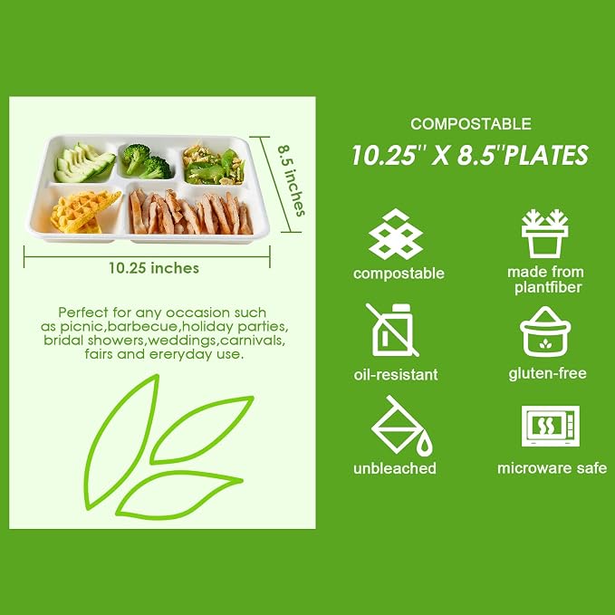 Vplus 500 Pack 5 Compartment Plates, 100% Compostable Paper Plate, 10.25x8.5 - Image 3