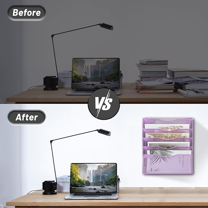 EASEPRES 5 Pocket Mesh Hanging Wall File Organizer, Wall Mounted Mail Paper Document Folder Holder, Clipboard Storage Organization Magazine Rack with Nametag Label for Office Home School, Light Purple-DeskLoop Office