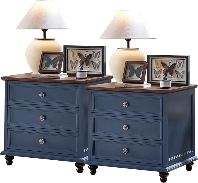 24" Wide Farmhouse Night Stand Set of 2,Large End Table with 3 Drawers & Metal Handle,Blue Wood Dresser for Bedroom Cabinet, Bed Side Table Chest of Drawers,Nightstand for Living Room,Closet-DeskLoop Office