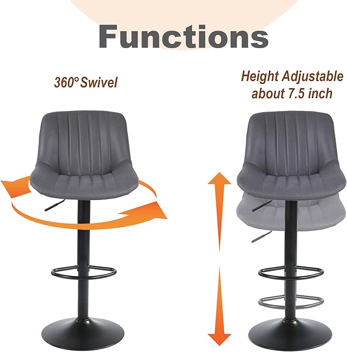 Bar Stools Set of 1, Swivel Counter Height Barstools with Back, Adjustable PU Leather Bar Chairs, Modern Armless Kitchen Island Stool, Dark Grey-DeskLoop Office