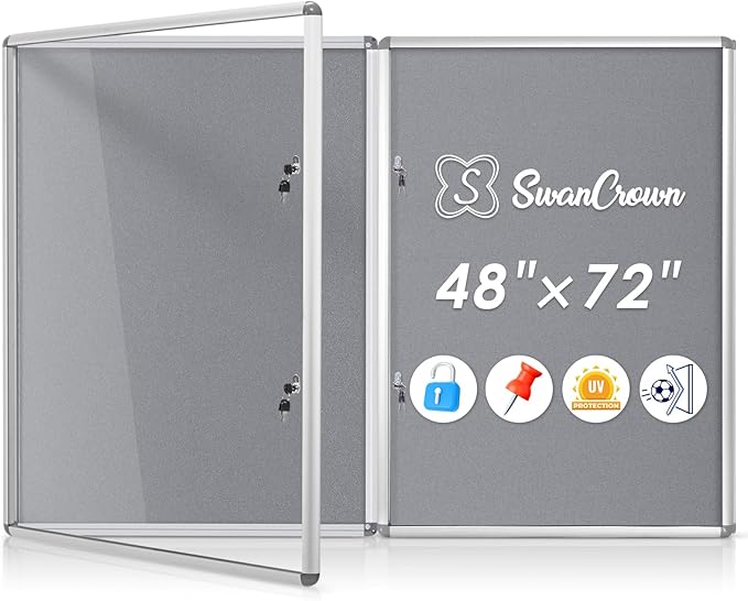 SWANCROWN Enclosed Bulletin Board 48x36 in, Tamperproof Lockable Grey Felt Board Wall Display Case for Office School Home, Aluminum Frame, 2PCS-DeskLoop Office
