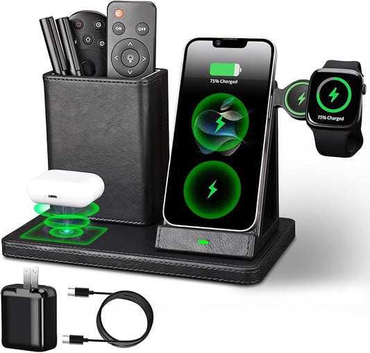 Office Supplies Desk Accessories,Pen Holder Remote Control Holder, Organizer with Phone Charger,Nightstand Desktop Organizer,Black Leather Desk Organizer With Charging Station (black)-DeskLoop Office