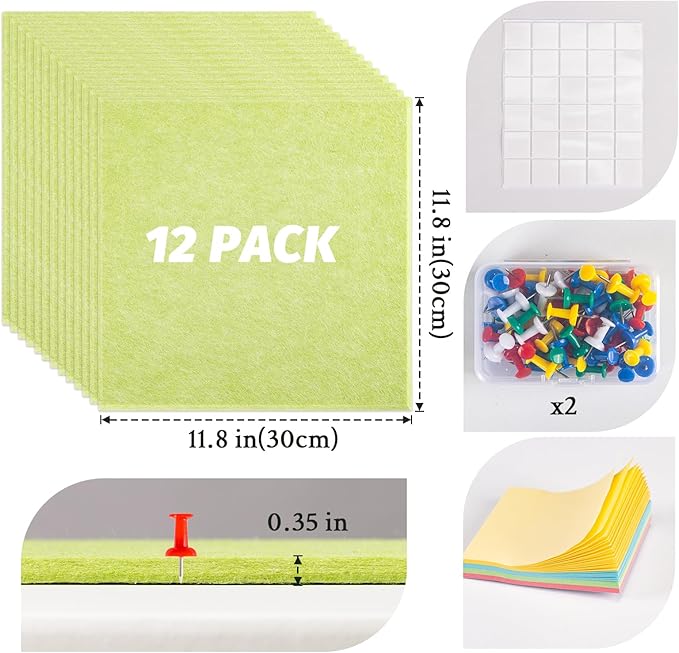 Large Cork Board Alternative, 12 Pack Felt Board with Safe Removable Adhesive Tabs Felt Wall Tiles, Large Cork Boards for Walls, Cork Board for Home Office, Pin Boards for Walls, Green-DeskLoop Office