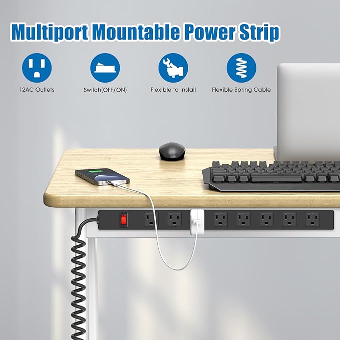 HHSOET 8 Outlet Metal Wall Mount Power Strip, Mountable Outlet with Switch, Heavy Duty Wide Spaced Surge Protector, 10 FT SJT 14AWG Black Spring Cord.-DeskLoop Office