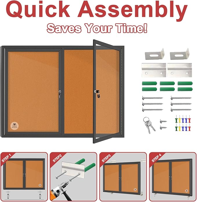 Lockable Outdoor Enclosed Bulletin Board,Weatherproof Cork Noticeboard with Locking Door, Wall-Mounted Aluminum Frame Display Case for Office, Home, School (Black Frame | Cork Surface, 44x32 inch)-DeskLoop Office