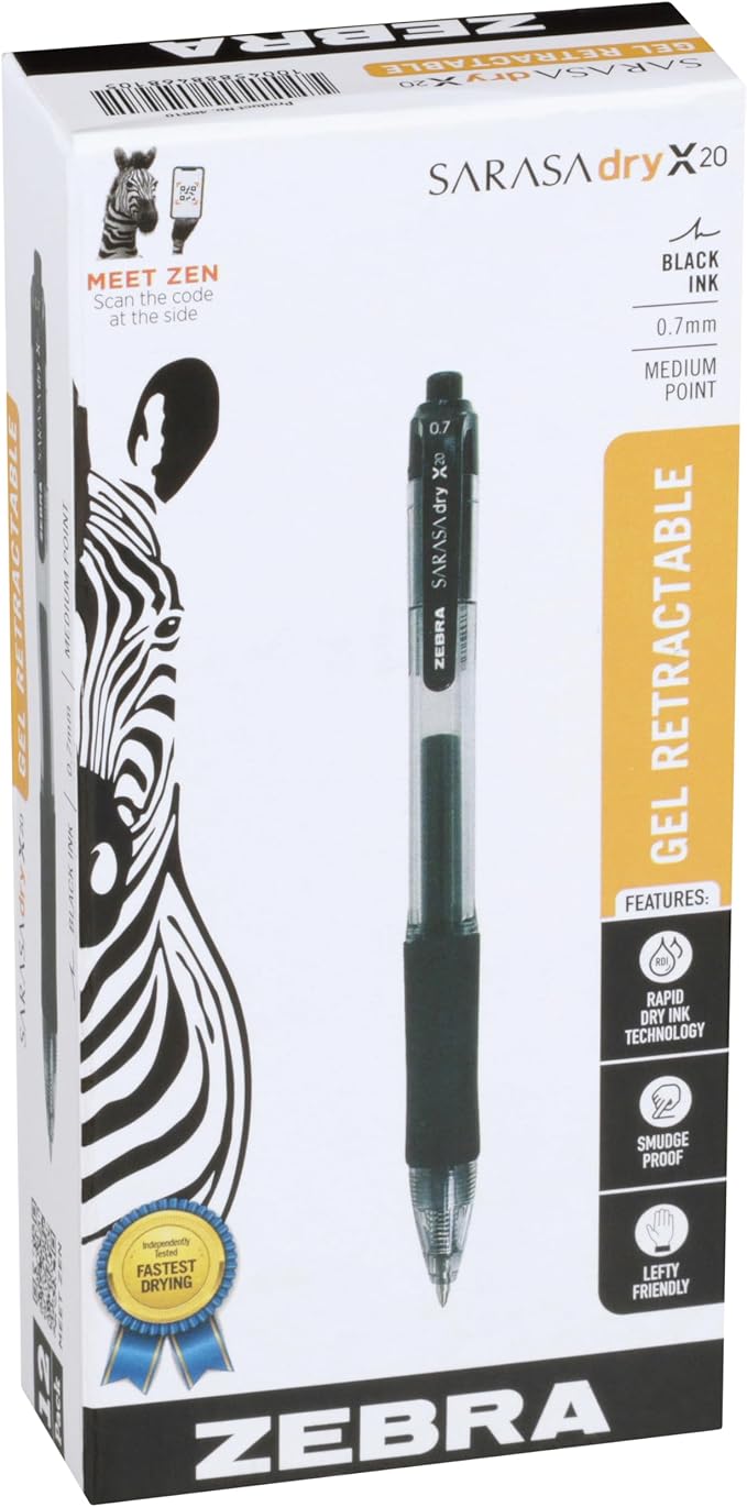 Zebra Pen Sarasa Dry X20 Retractable Gel Pens, 0.7mm Medium Point, Eliminates by ZebraPen