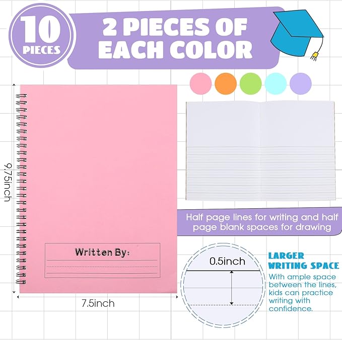 Henoyso 10 Pcs 100/50 Sheets Primary Composition Notebook K-2 Bulk Spiral Primary Journal Drawing Handwriting Practice for Kids Kindergarten 1st 2nd Back to School Supplies (Pastel Color,50 Sheets)-DeskLoop Office