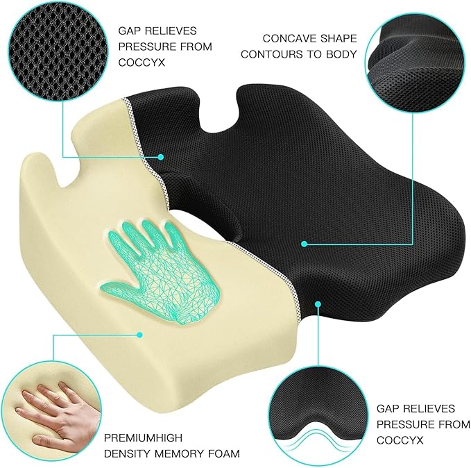 Benazcap X Large Memory Seat Cushion for Office Chair Pressure Relief Sciatica & Tailbone Pain Relief Memory Foam Firm Coccyx Pad for Long Sitting, for Office Chair, Gaming Chair and Car Seat Upgrade-DeskLoop Office