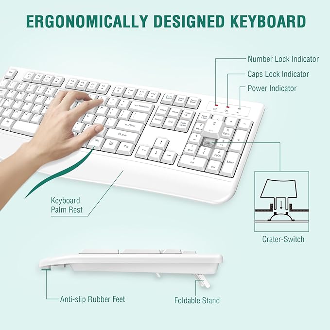 EDJO Wireless Keyboard, 2.4G Ergonomic Full Size Wireless Computer Keyboard with Wrist Rest for Windows, Mac OS Desktop/Laptop/PC（White）-DeskLoop Office