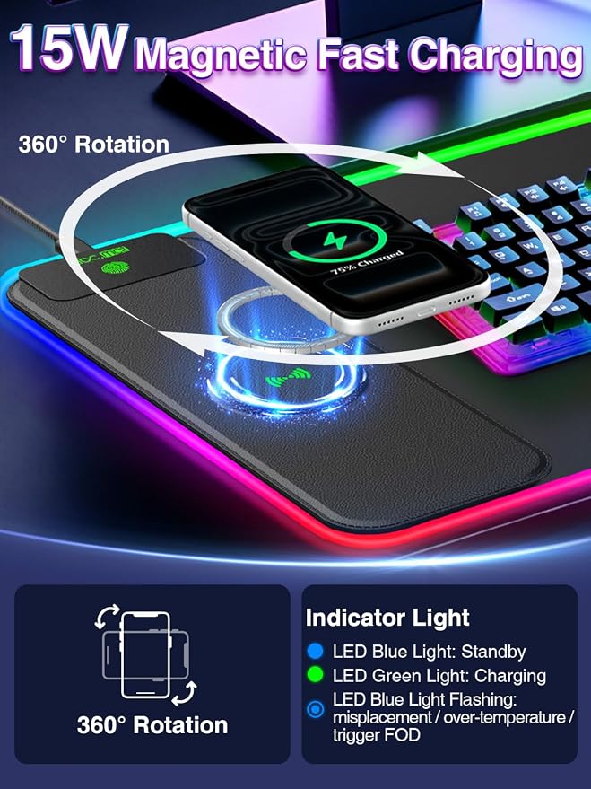 XL RGB Gaming Mouse Pad with 15W Magnetic Wireless Charging, 31.5'' x 11.8'' - Image 2