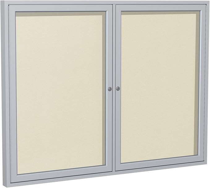 Ghent 36"x60" 2-Door Outdoor Enclosed Vinyl Bulletin Board, Shatter Resistant, with Lock, Satin Aluminum Frame - Ivory (PA23660VX-185), Made in the USA-DeskLoop Office