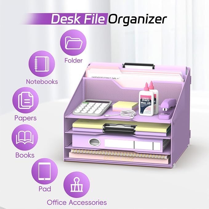 Desk File Organizer, 4 Letter Trays and 2 Upright Sections, school and - Image 4
