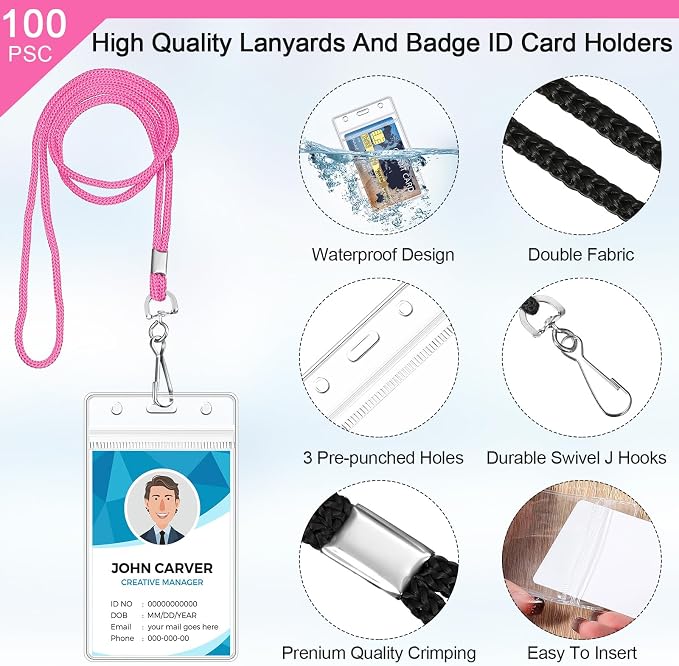 Marspark 100 Pack Lanyard with ID Holder Bulk, Waterproof Resealable Name Tag - Image 3