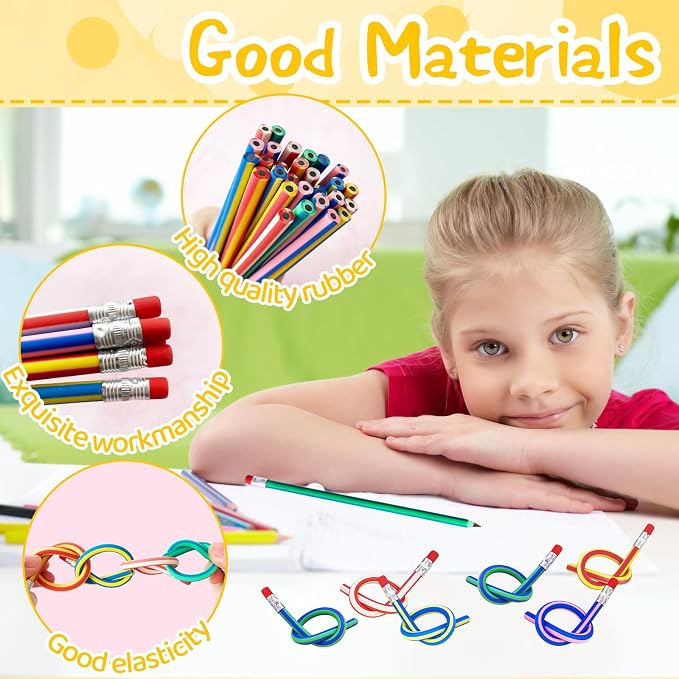100 Pack Flexible Bendy Pencil, Stripe Rubber Pencil - Image 3