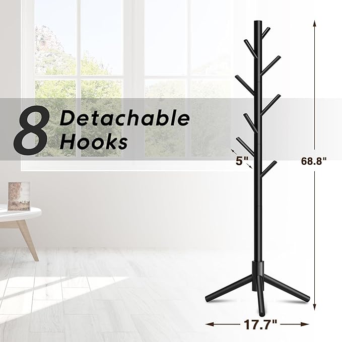 Wooden Coat Rack, Free Standing Coat Rack with 8 Hooks 3 Adjustable Heights for Clothes, Hats, Handbags, Coat Tree Easy Assembly for Entryway, Bedroom, Hallway, Office(2PCS)-DeskLoop Office