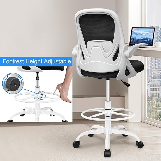 Drafting Chair Tall Office Chair with Flip-up Armrests, Adjustable Height, and Enhanced Lumbar Support - Ergonomic Rolling Stool, Back Support, and Adjustable Foot Rest Ring for Standing Desk White-DeskLoop Office