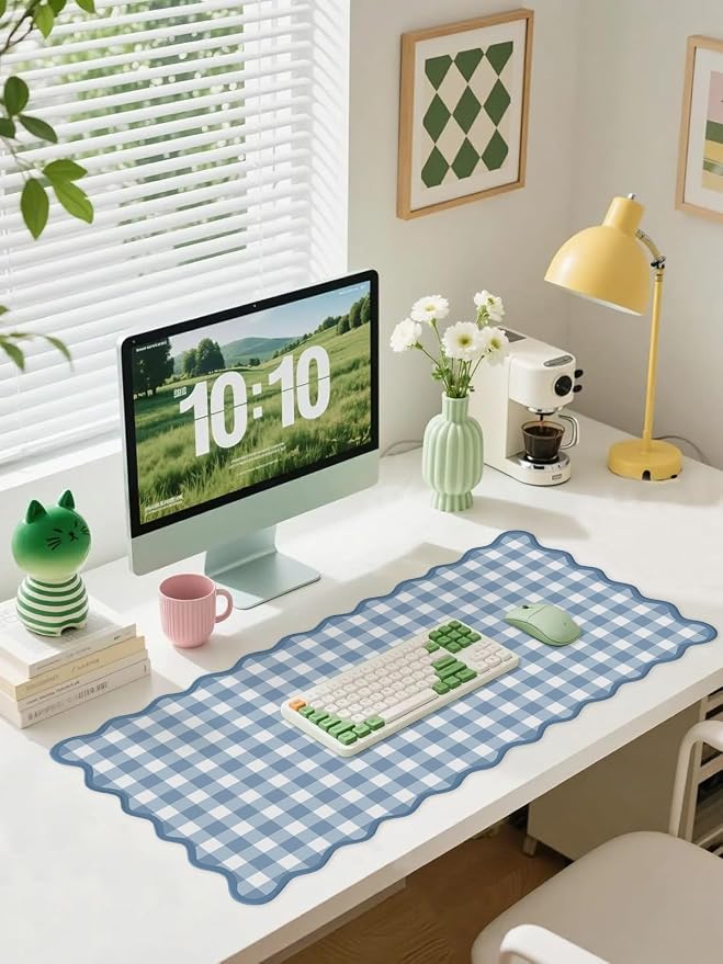 Scalloped‌ Blue Checkered Gingham Desk Mat Cute Pastel XXL Large Gaming Mouse - Image 2