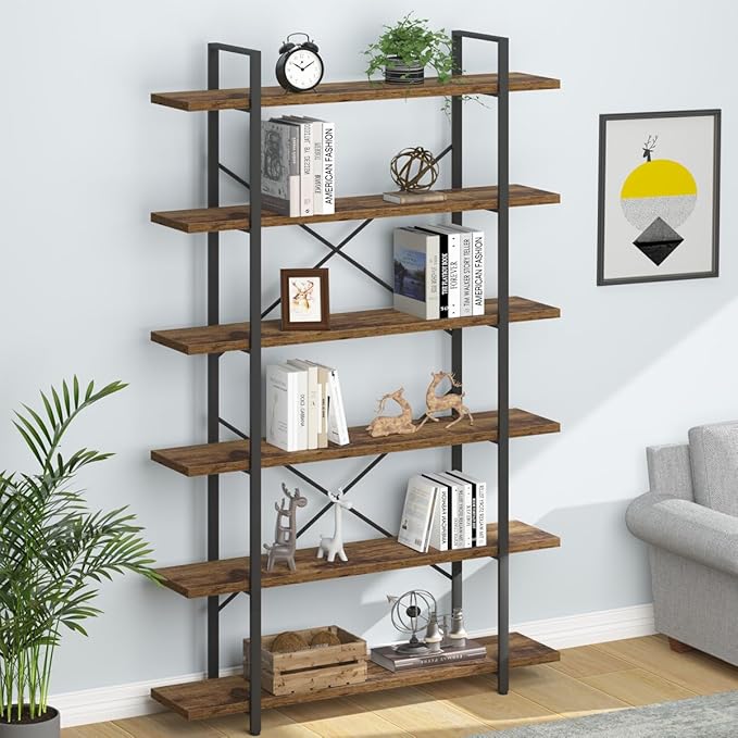HSH 6 Shelf Tall Bookcase, Industrial Modern Large 6 Tier Bookshelf, Open Wood and Metal Display & Storage Rack,Farmhouse Bookcases and Book Shelves 6 Shelf for Bedroom Living Room Office,Rustic Brown-DeskLoop Office