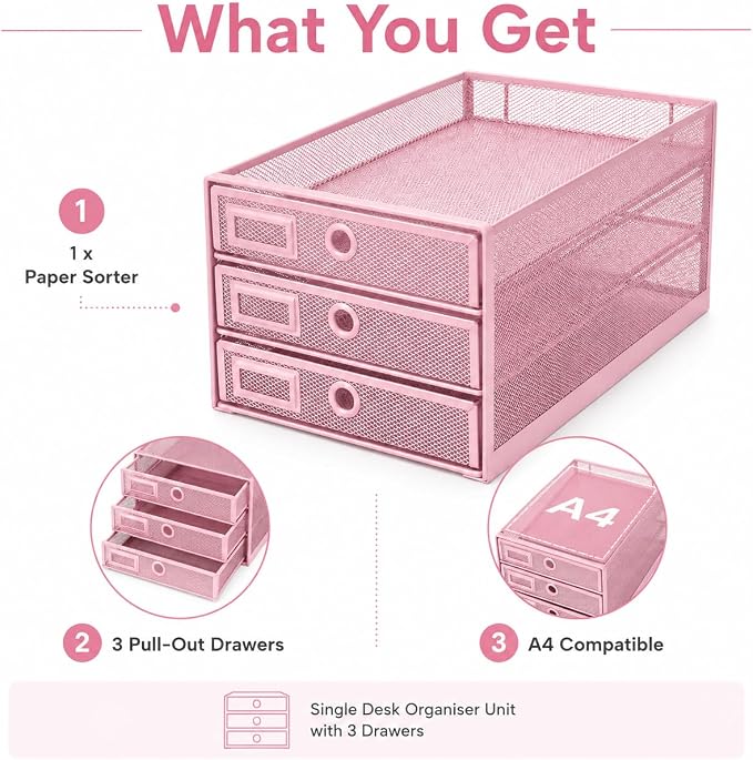 EXERZ Paper Sorter 3 Drawer Wire Mesh A4 / Desk Multifunctional Desk - Image 5
