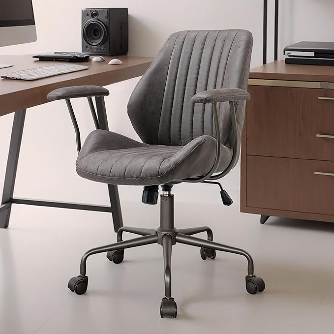 Mid Century Modren Office Chair - Mid Back Swivel Executive Chair with Lumbar Support,Ergonomic Computer Desk Chair with Wheels,Faux Lether Suede Task Chair,350lbs (Grey, Mid Back)-DeskLoop Office