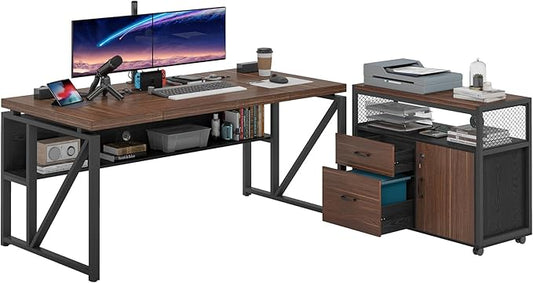 Tribesigns Office Desk with Drawers Sets, 63 inches L Shaped Computer Desk with Mobile File Cabinet,Big Executive Desk for Home Office Furniture Sets (Dark Brown, 63-inch)-DeskLoop Office