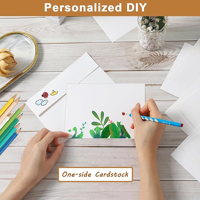 100 Packs White Single Panel Blank Cards and Envelopes 5 x 7 Heavy Flat Cardstock and A7 Envelopes Self Seal for Wedding Invitations, Party, DIY Greeting Cards, Graduations, Baby Shower