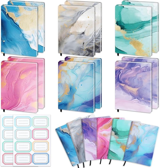 Jumbo Stretchable Book Covers 12PCS Reusable Fabric Book Cover with Label 9x11in Marble Print Protective Sleeve for Hardcover Book Textbook Cover for School Fits Most Book Sizes Up to 10x12.5in-DeskLoop Office
