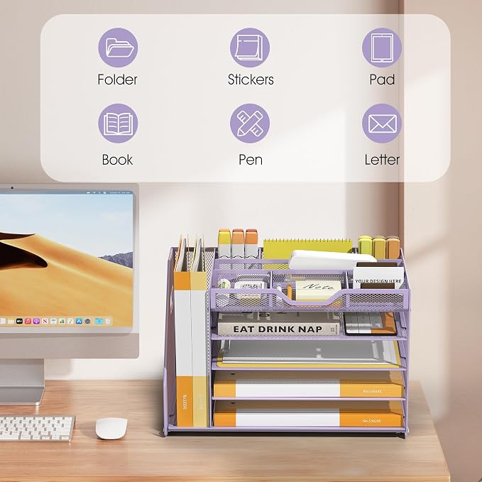 5 Tier Paper Letter Tray with File Holder and 3 Drop-in Pen Holders, Mesh Desk - Image 7