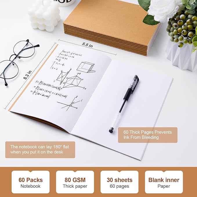 60 Pack A5 Unline Kraft Notebooks, 8.3x5.5inch Blank Journal Notebook Bulk for Drawing & Writing, Small Blank Paper Sketchbook Travel Journal Set for Adult, Paint Beginner and Student, 60 Pages