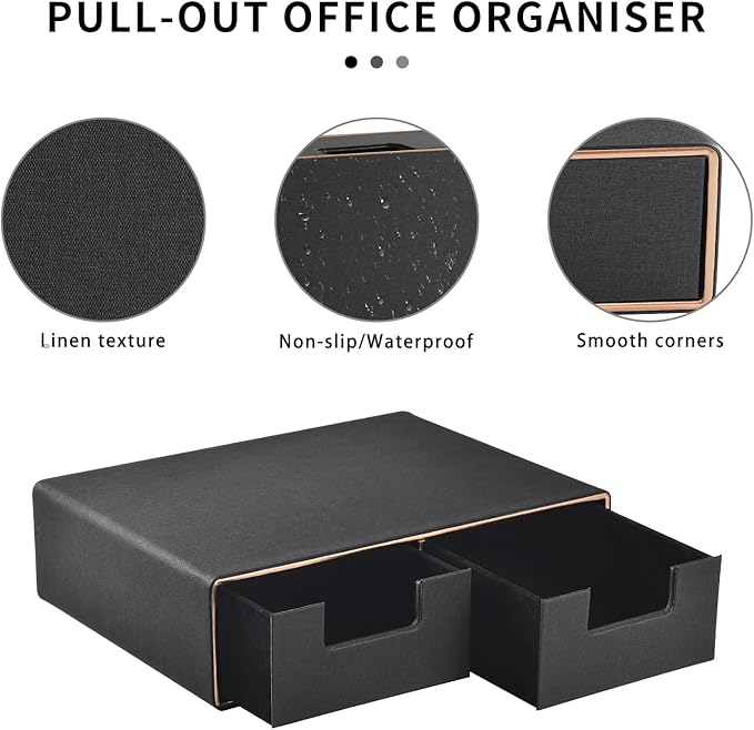 Linen Leather Desk Organizer and monitor stand with Drawers－Mini Desktop Drawer Organizer Stackable－Tabletop Organization Storage Box for Office Supplies Home Vanity Toiletries (Black, 2-drawers)-DeskLoop Office