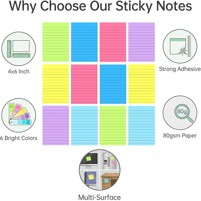 12 Pack Lined Sticky Notes 4x6 in Bright Colors Self-Stick Note Pads - Image 4
