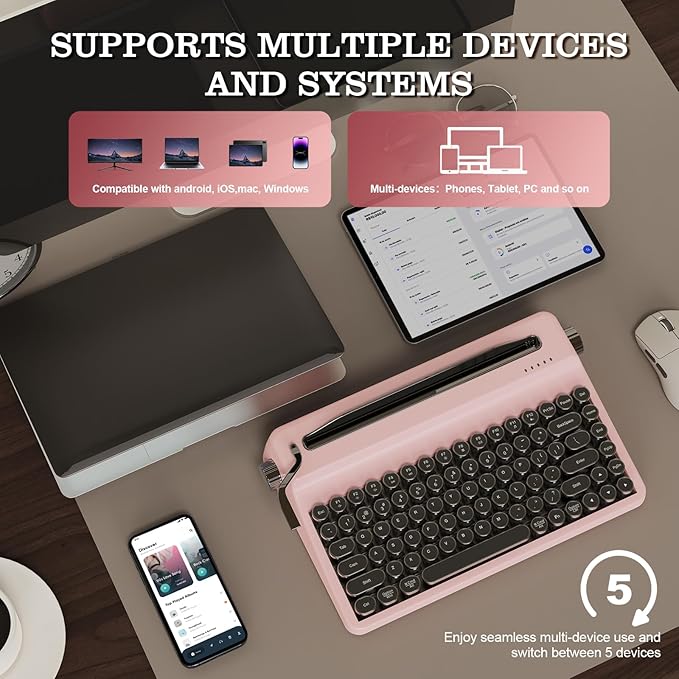 YUNZII QL75 Wireless Typewriter Hot Swap Retro Mechanical Keyboard,Punk Round Keycaps,RGB Backlit QMK/VIA Programmable,Multi-Device Keyboard with 2.4GHz/Type-C/BT5.0 (Pink, Cocoa Cream V2 Switch)-DeskLoop Office