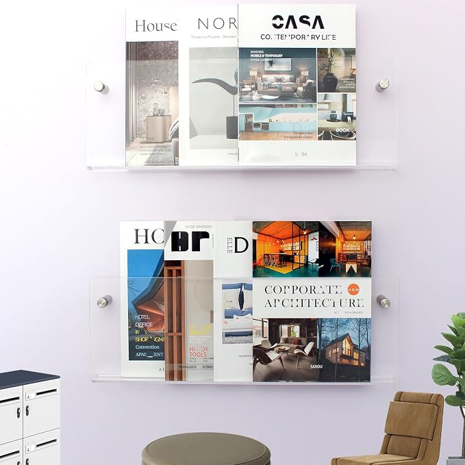 2 Pack Clear Acrylic Magazine Holder, Wall Mount Hanging Bookshelf Literature - Image 4