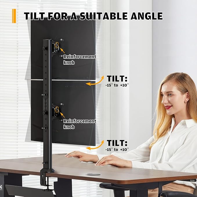 HEMUDU Dual Monitor Articulating Desk Mount Arm Stand - Vertical Stack Screen Supports Two 13 to 34 Inch Computer Monitors with C Clamp-DeskLoop Office