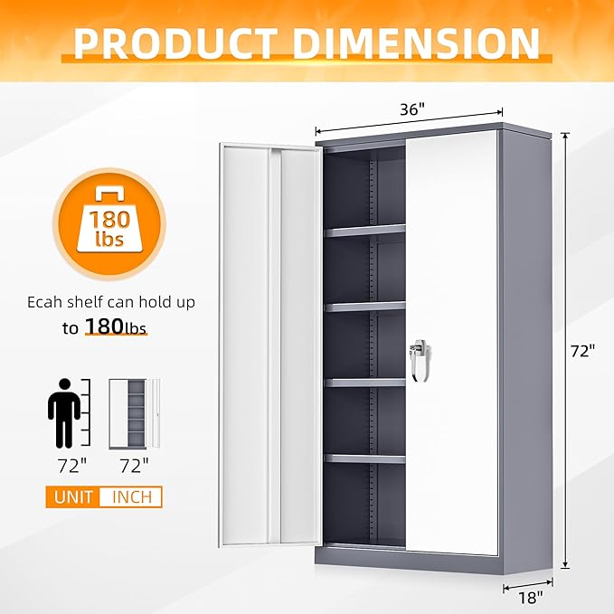 INTERGREAT Garage Storage Cabinets with Doors and Shelves,72" Grey White Steel Tool Locking Cabinet, Metal Storage Cabinet for Home Office, Warehouse, School-DeskLoop Office