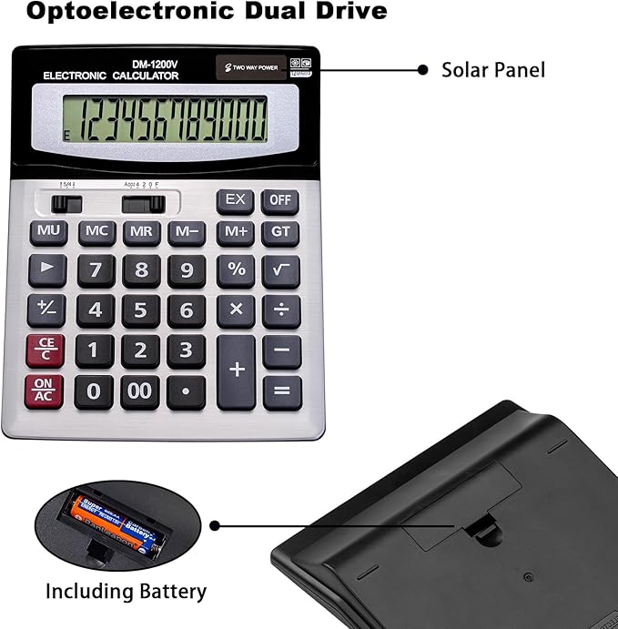 12 Digit Desktop Calculator with Large LCD Display and Sensitive Button, Dual Solar Power and Battery, Standard Function for Office (YE1200v)-DeskLoop Office