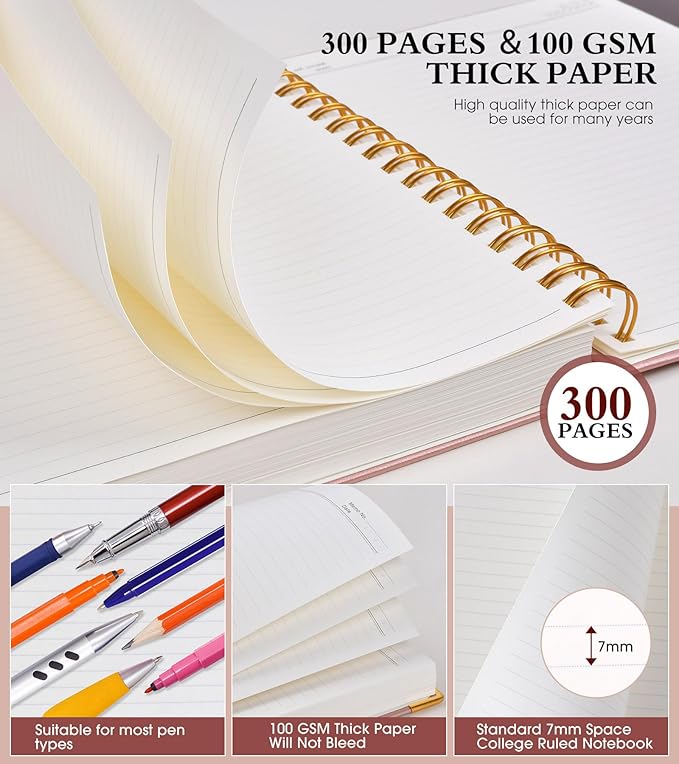 Spiral Notebook Journal 7.6” x 10”, 300 Pages Hardcover Leather Lined Journals for Women Men, B5 Large College Ruled Notebooks with 100 GSM Thick Paper, Spiral Journal for Writing Work School, Pink-DeskLoop Office