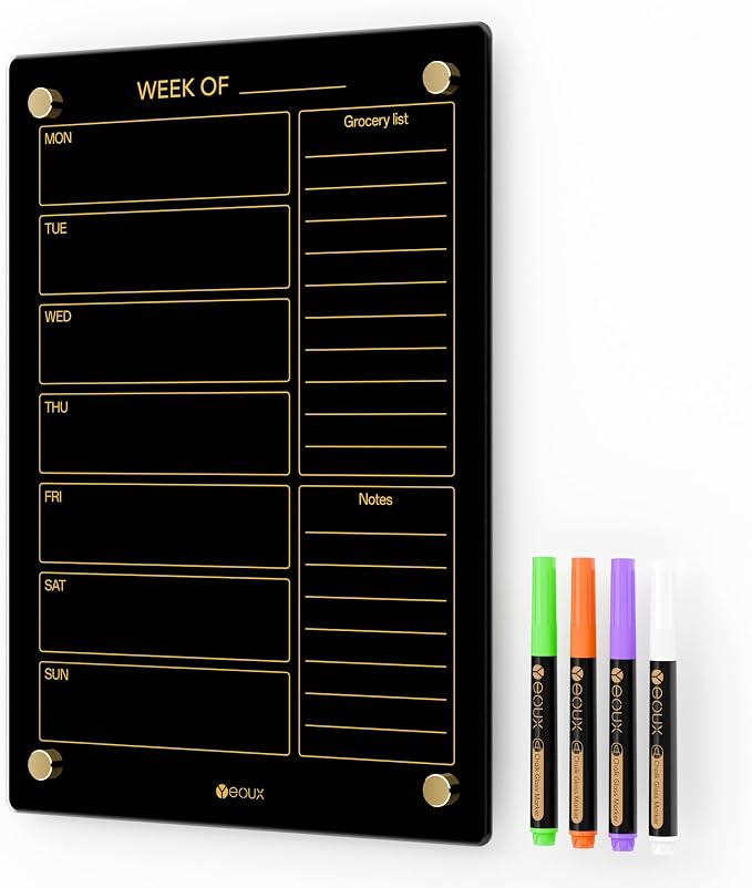 Black Glass Golden Weekly Dry Erase Calendar & Menu Whiteboard by Yeoux