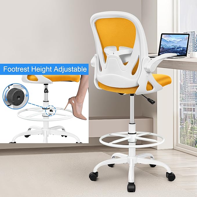 Primy Drafting Chair Tall Office Chair with Flip-up Armrests Executive Ergonomic Computer Standing Desk Chair with Lumbar Support and Adjustable Footrest Ring (Mustard)-DeskLoop Office