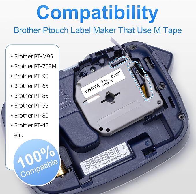 Labelife Replace for Brother M Tape 9mm 3/8 0.35 White M-K221 MK221 M221 | - Image 2
